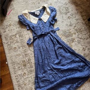Sarah Elizabeth 1990s Blue Dress with Cream Embroidered Collar